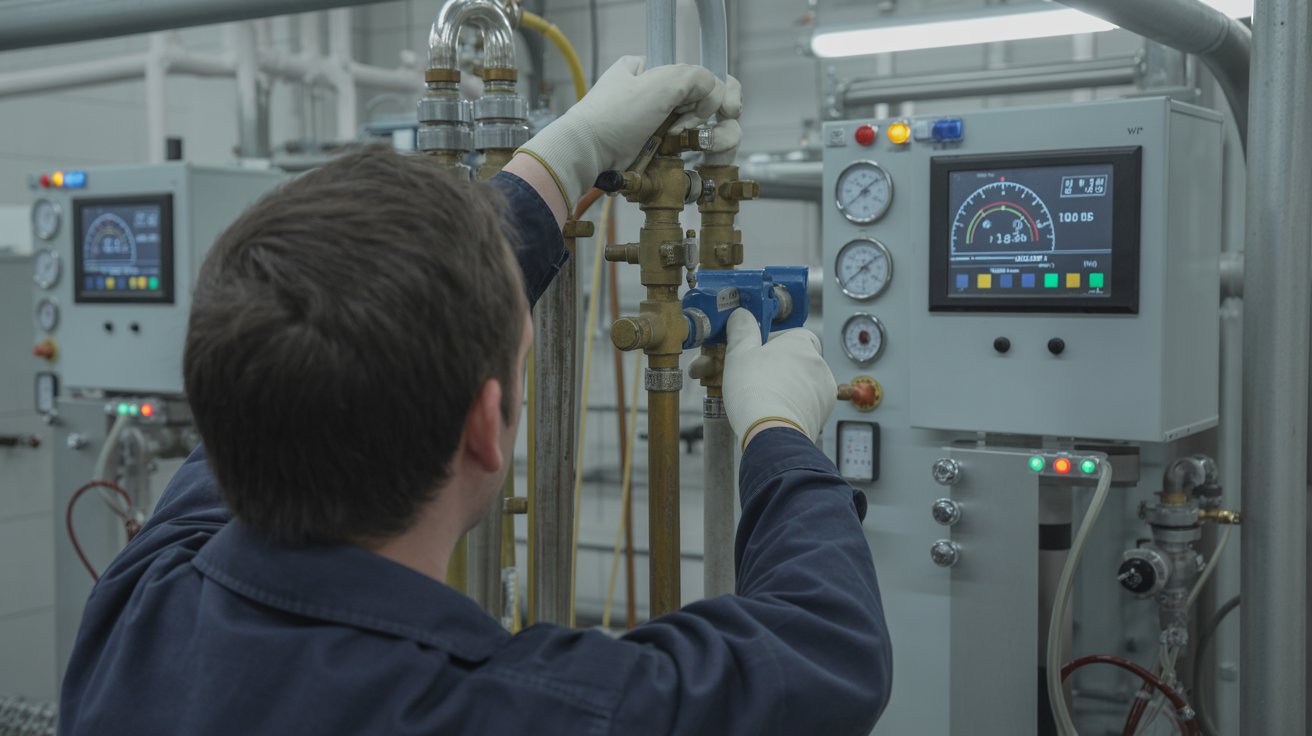 Technicien effectuant un rinçage et équilibrage du circuit